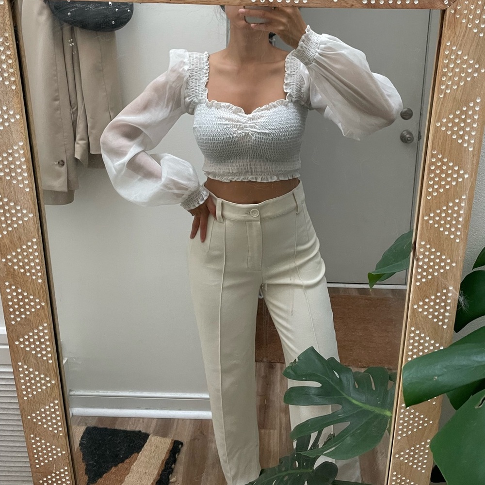 Starlow White Puff Mesh Sleeve Top